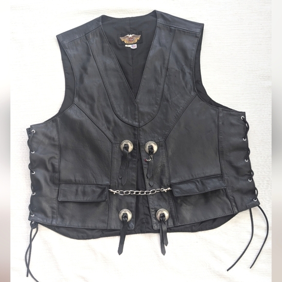 Harley-Davidson Other - Vintage Harley Davidson Leather Fringed Concho Chain Vest Motorcycle Biker Sz XL